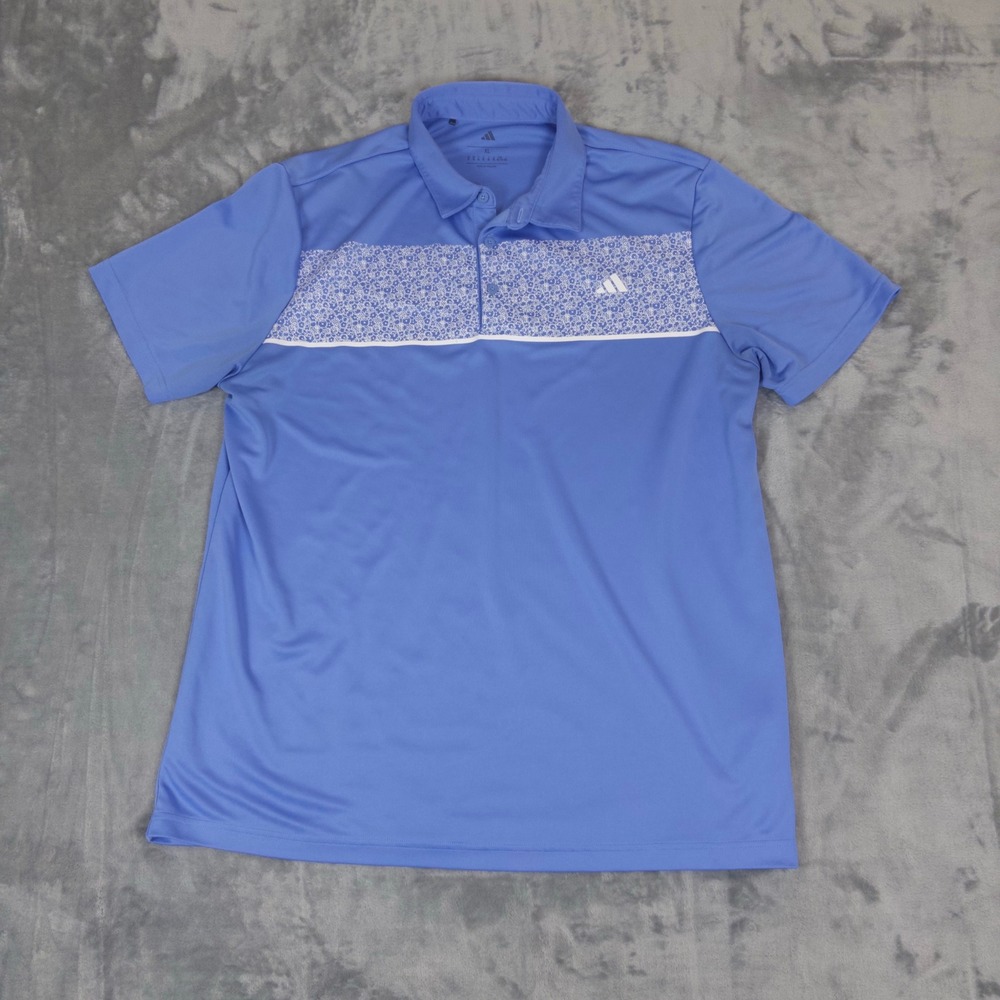 Adidas Golf Polo Shirt Mens XL Blue Floral Chest Panel Short Sleeve Sportswear